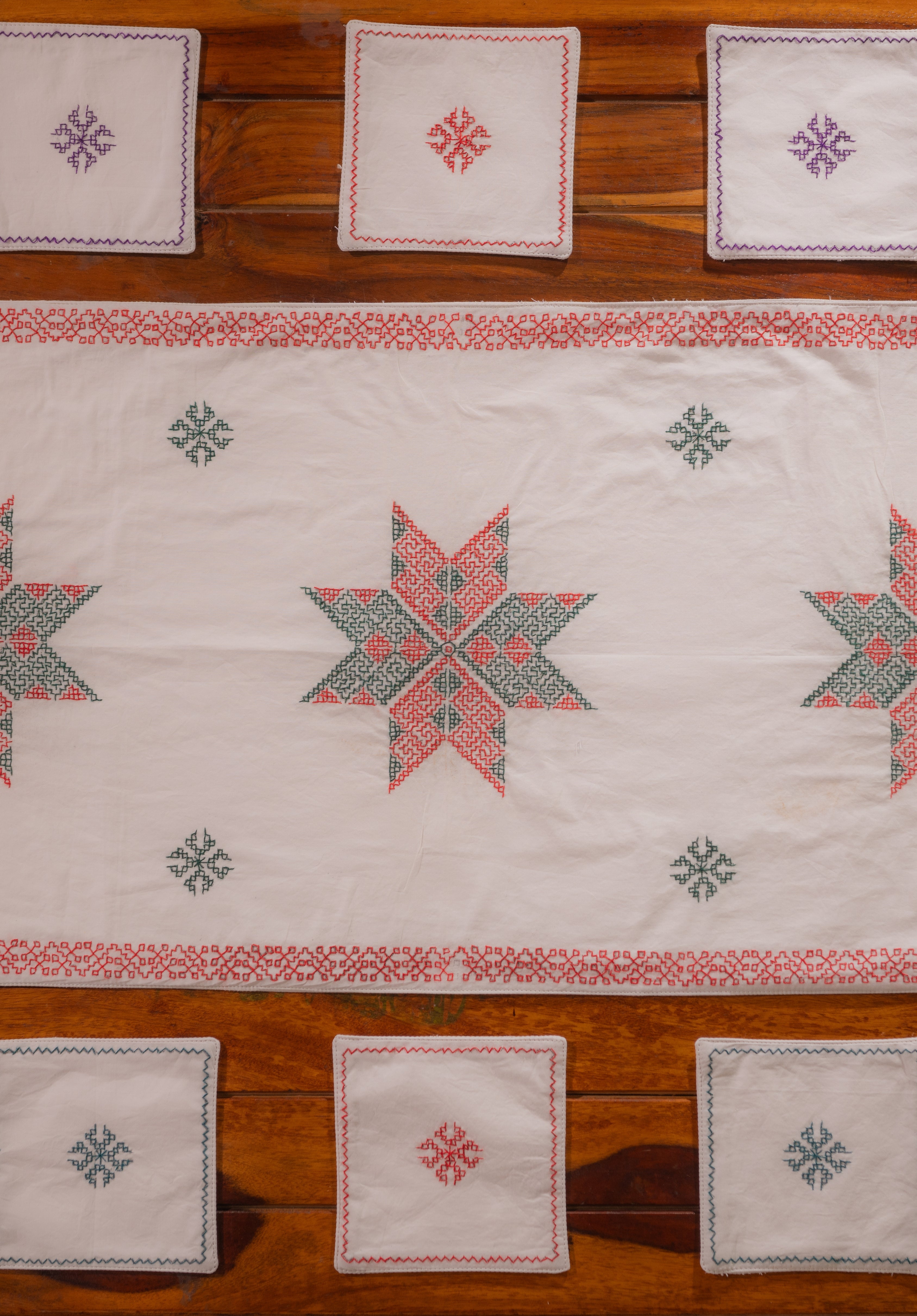 Embroidered in Kasuti Table Runner, 6 Cushion Covers and 6 Coasters in Cotton