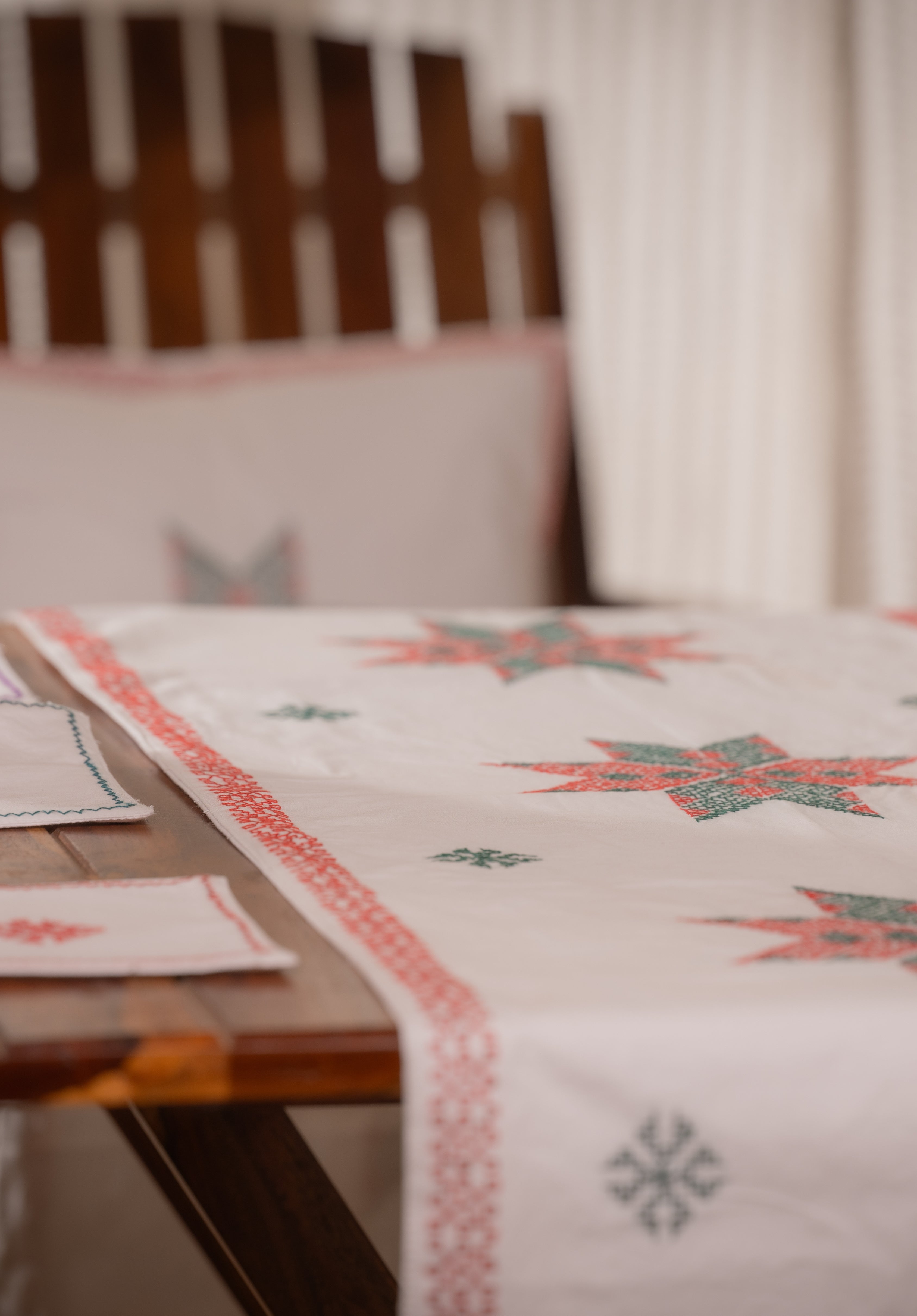 Embroidered in Kasuti Table Runner, 6 Cushion Covers and 6 Coasters in Cotton