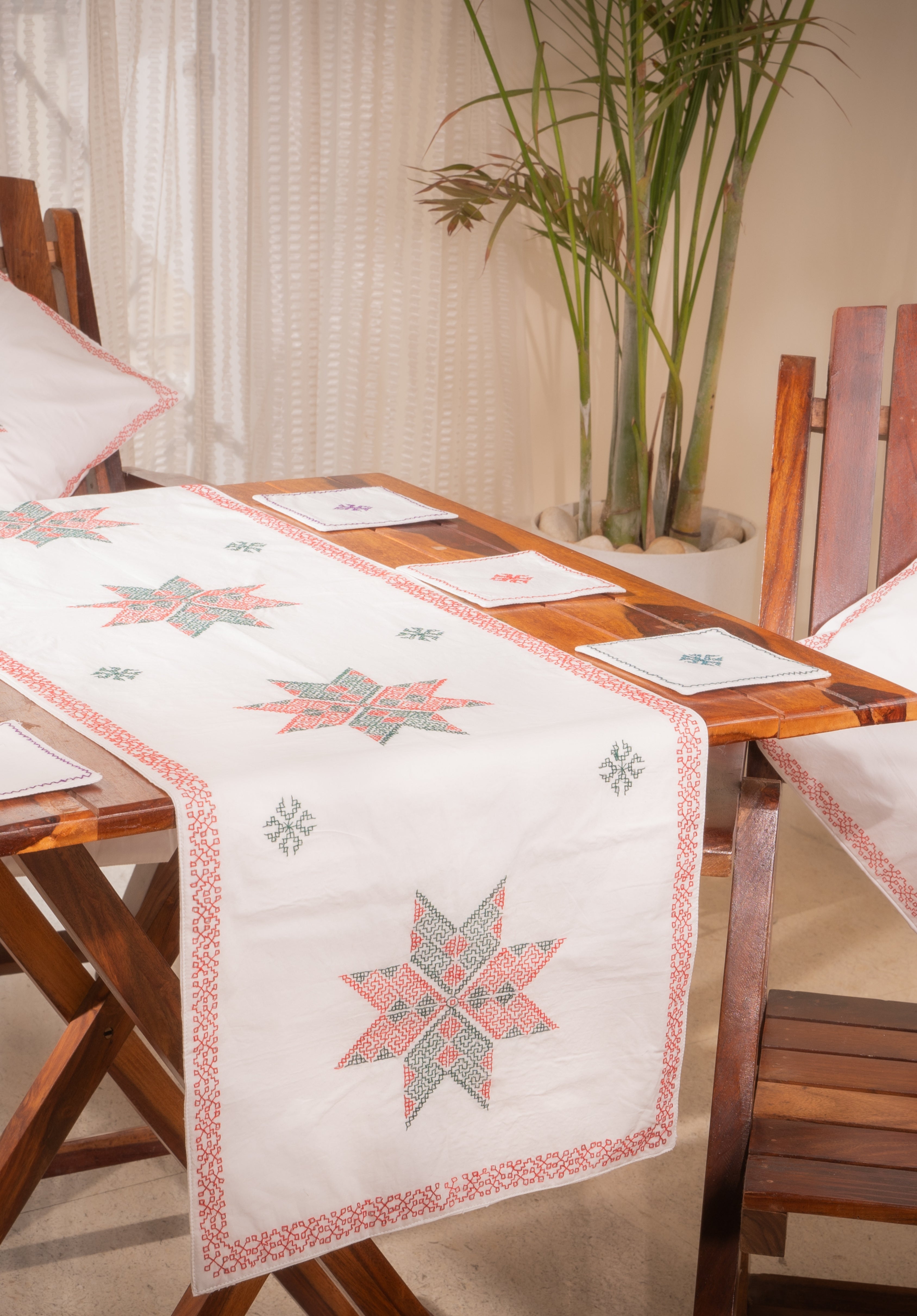 Embroidered in Kasuti Table Runner, 6 Cushion Covers and 6 Coasters in Cotton