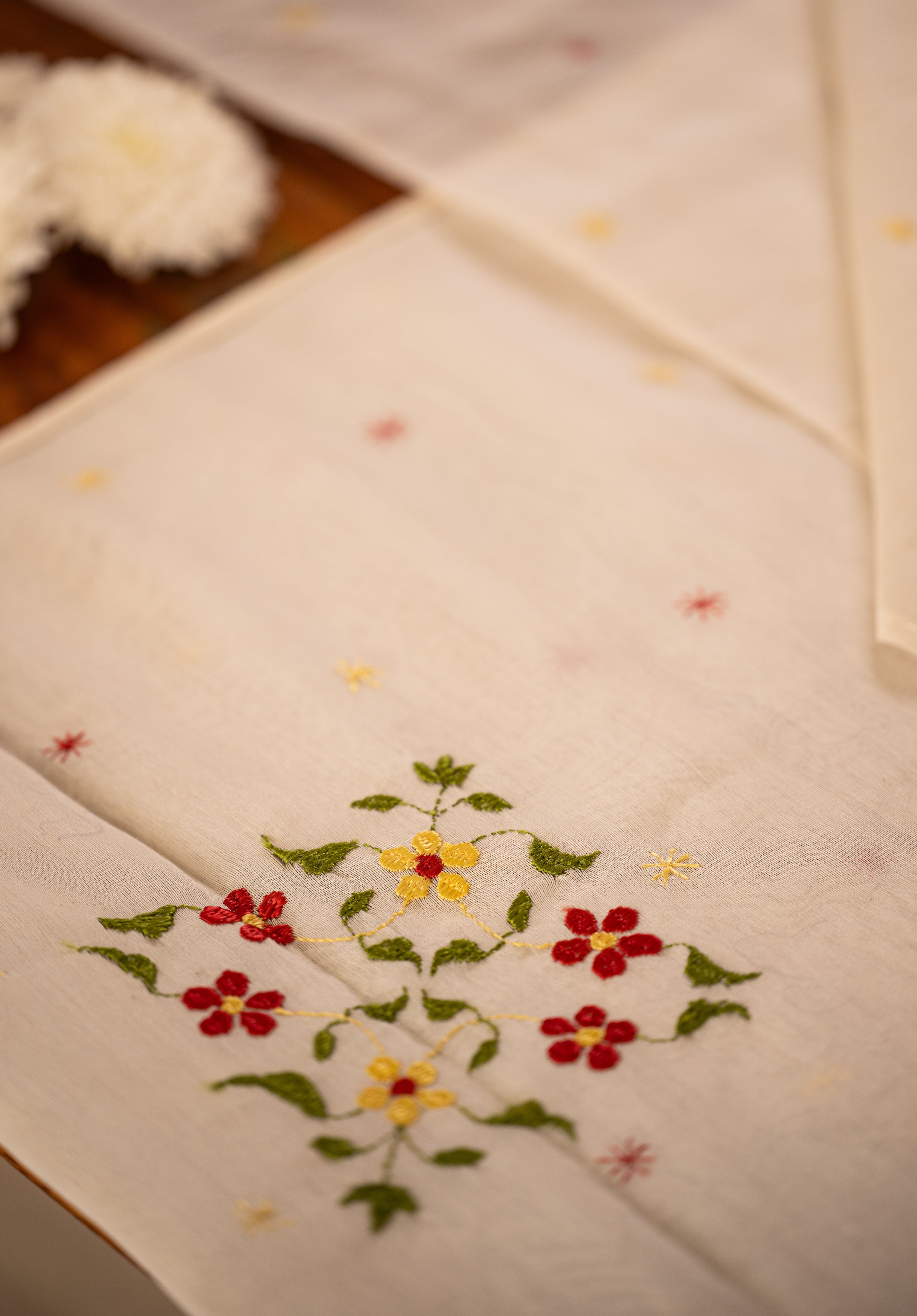 Embroidered in Chamba Rumal Table Runner in Mulberry Silk