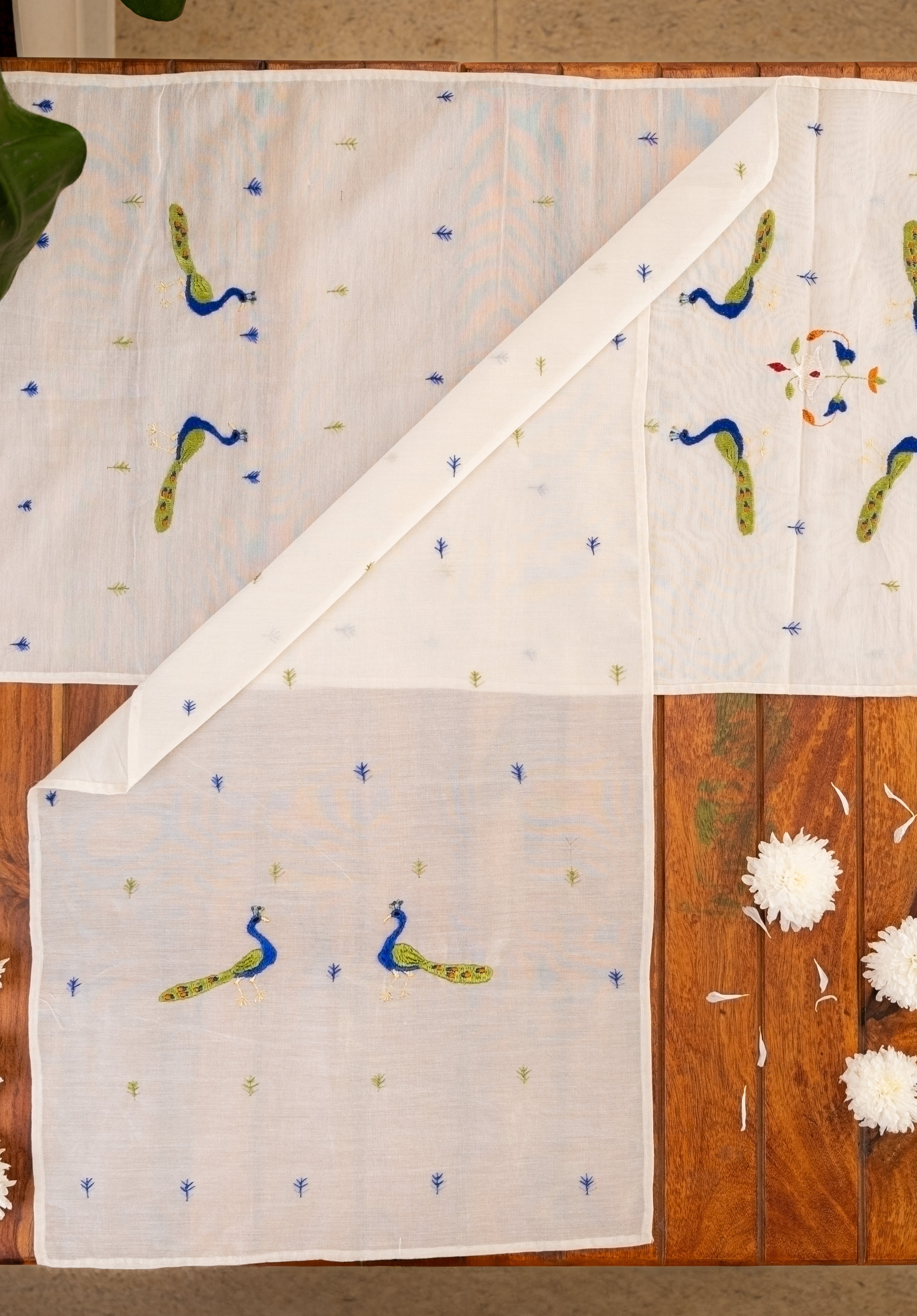 Embroidered in Chamba Rumal Table Runner in Mulberry Silk