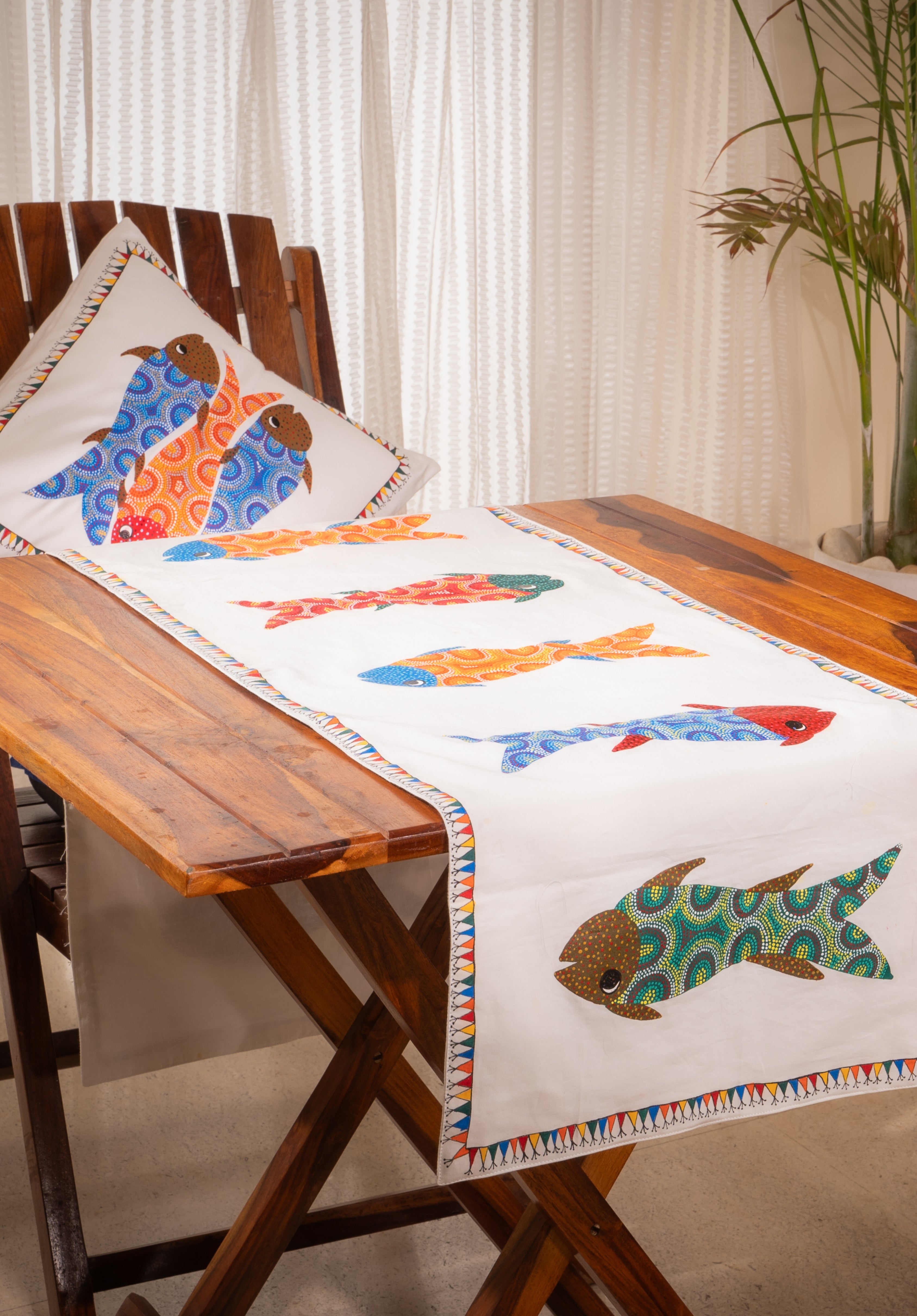 Painting in Bhil Table Runner and 6 Cushion Covers