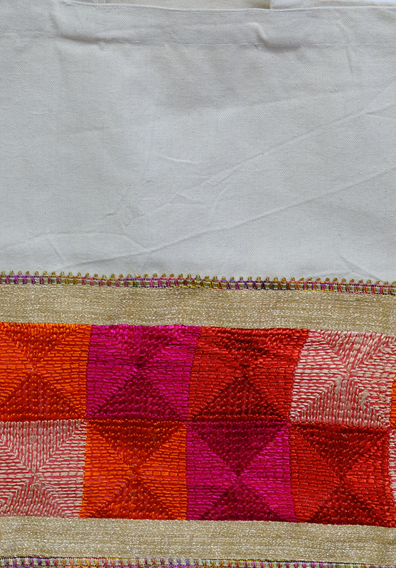 Handcrafted tote bag featuring Chamba-style Phulkari embroidery