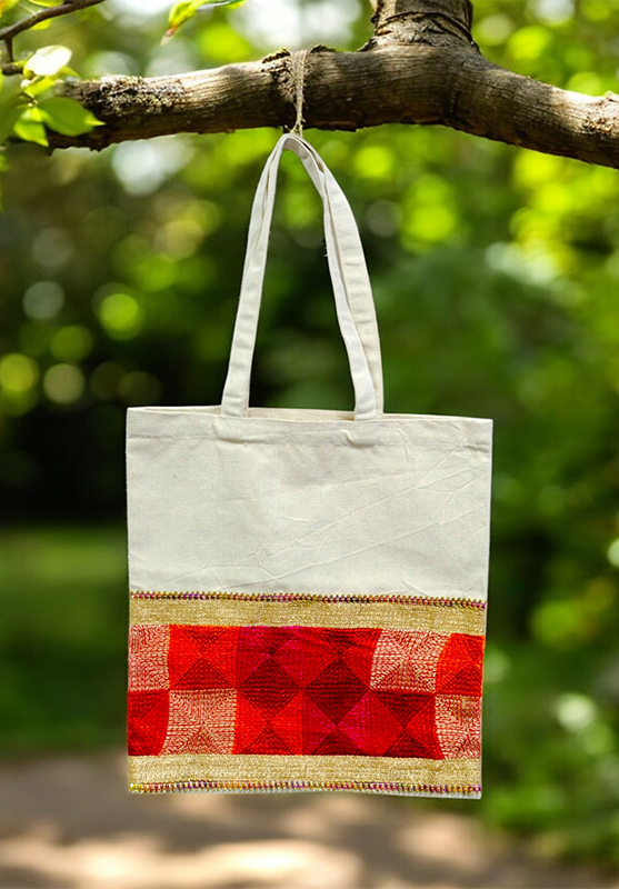 Embroidered Phulkari tote bag with traditional Do-Rukha design