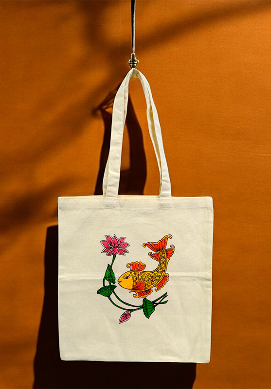 Hand-painted Indian tote featuring Pattachitra design
