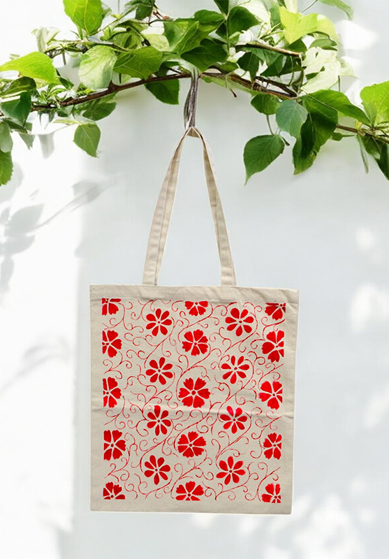 Unique free hand painted tote bag showcasing original artwork on natural canvas