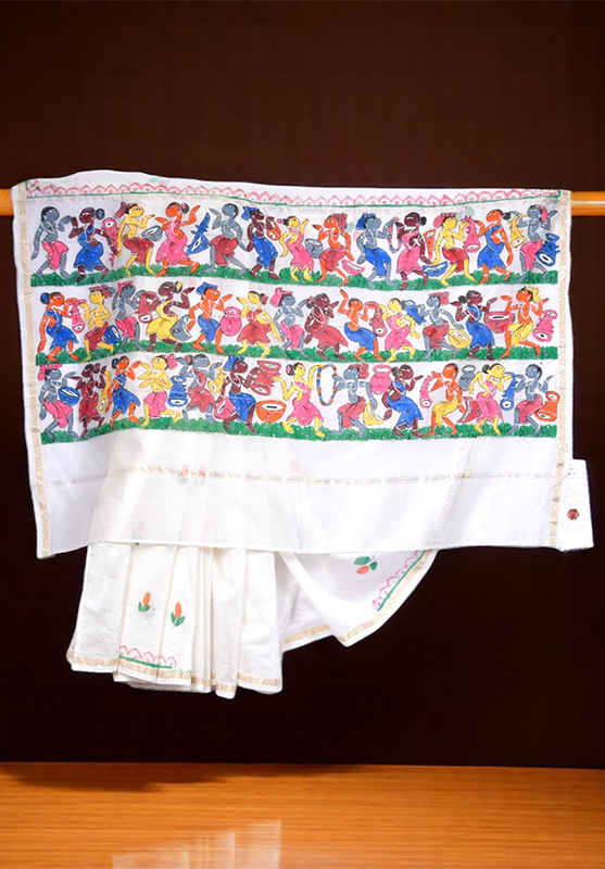 Artistic Pattachitra painting displayed on Chanderi saree border