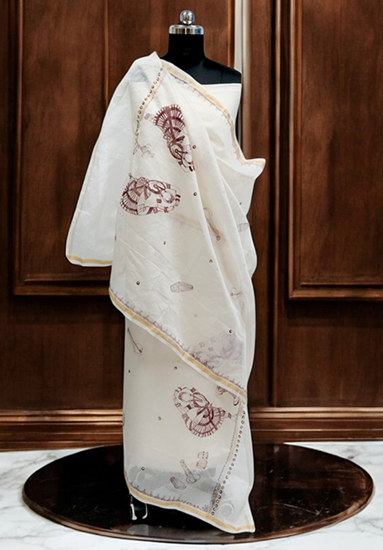 Hand-painted Worli Art tribal design on dupatta