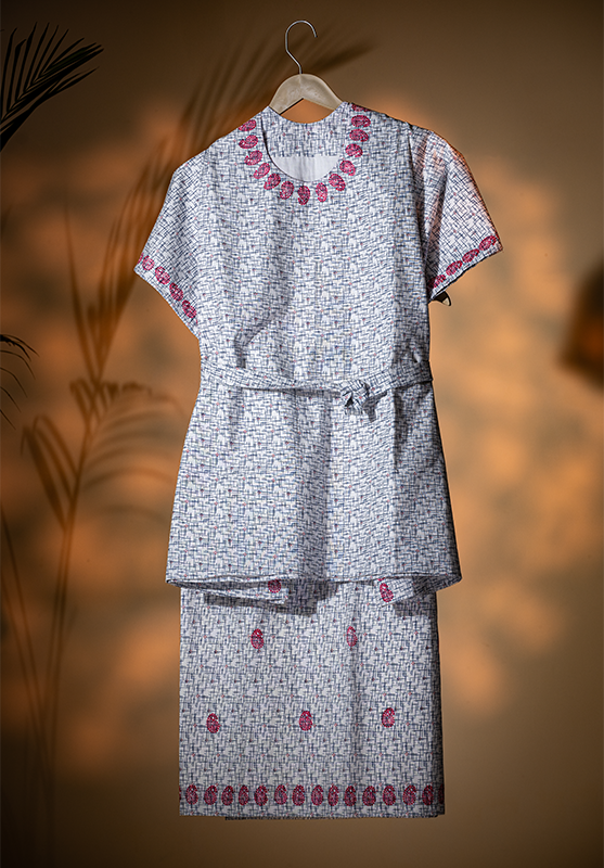 
Ethical fashion wrap skirt with block printing on handspun cotton