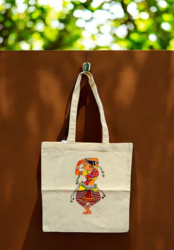 Pattachitra hand-painted tote bag with traditional motifs