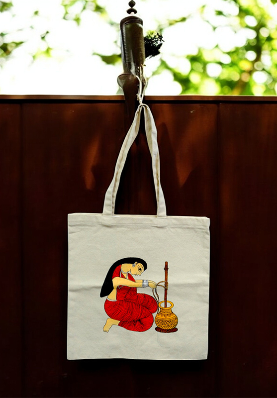 Close-up of Pattachitra artwork on canvas tote bag