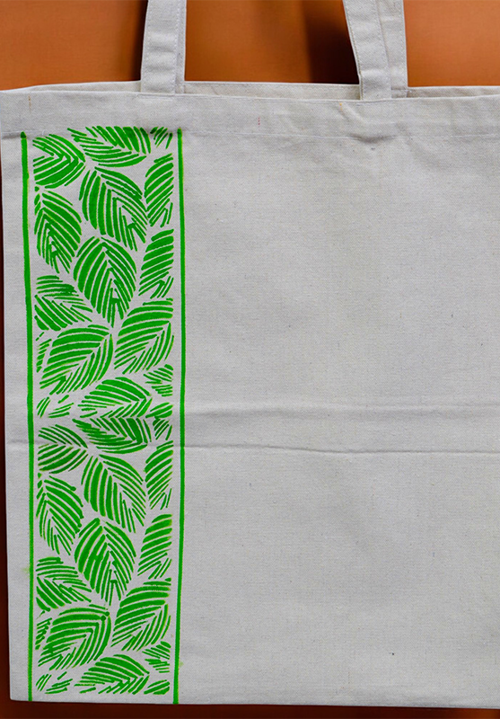 Stylish block printed tote bag with hand-painted 