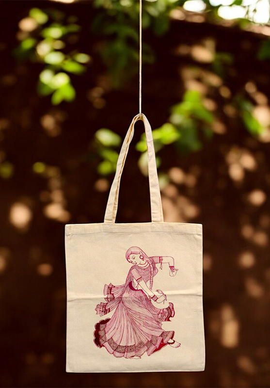 One-of-a-kind tote bag with hand-painted abstract art on natural fabric