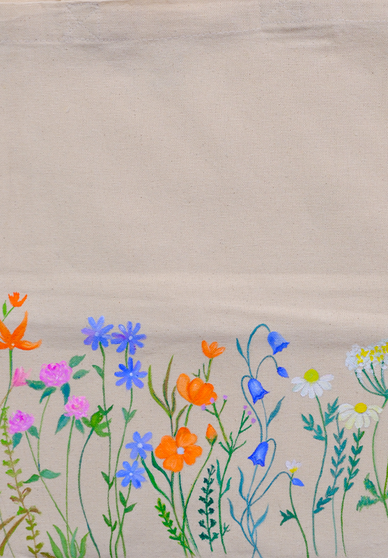 Sustainable canvas tote bag featuring freehand artwork in vibrant colors