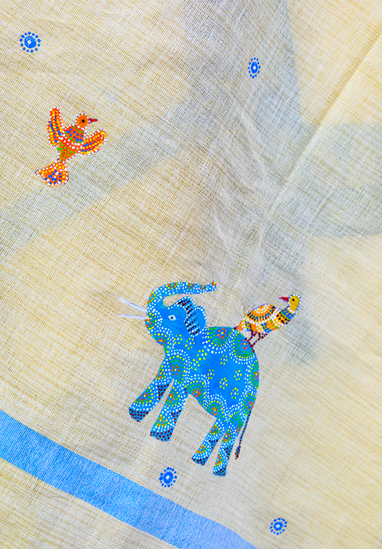 Ethnic Bhil art hand-painted blended fabric with blue color paint

