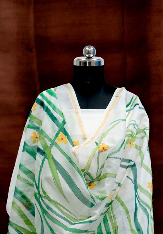 Hand-painted floral dupatta on cotton fabric