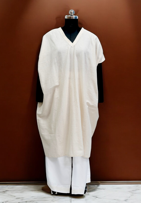 White Khadi Cotton Nightwear – XL Embroidered Sleep Set featuring a loose-fit tunic and wide-leg pants, ideal for traditional comfort and style.