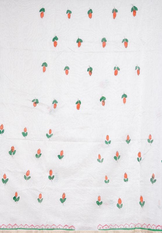 Traditional Indian saree with Pattachitra detailing in Chanderi silk