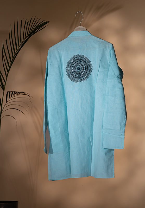 Hand-painted Mandala art on cotton kurta-sky color