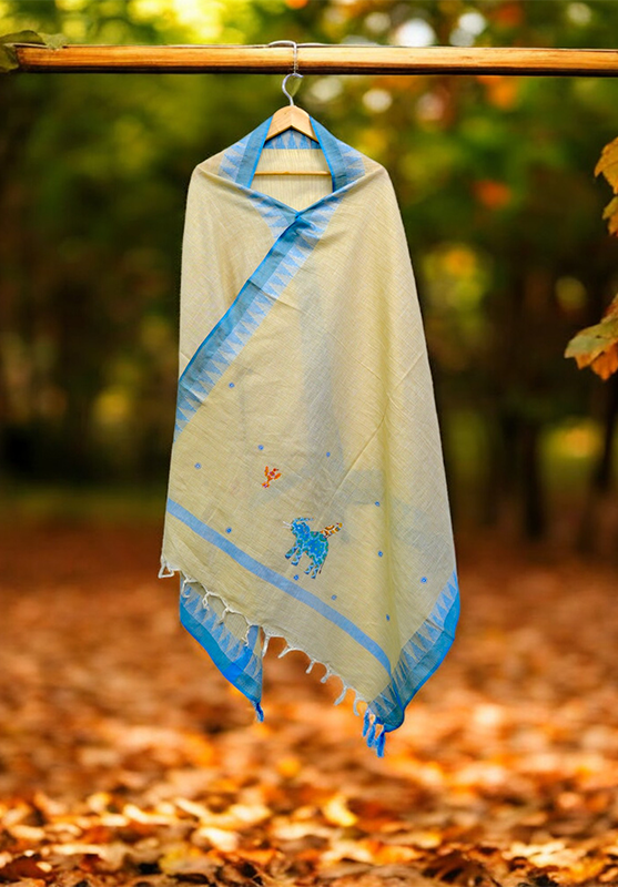 Traditional Bhil art design with the blue color paint on soft dupatta