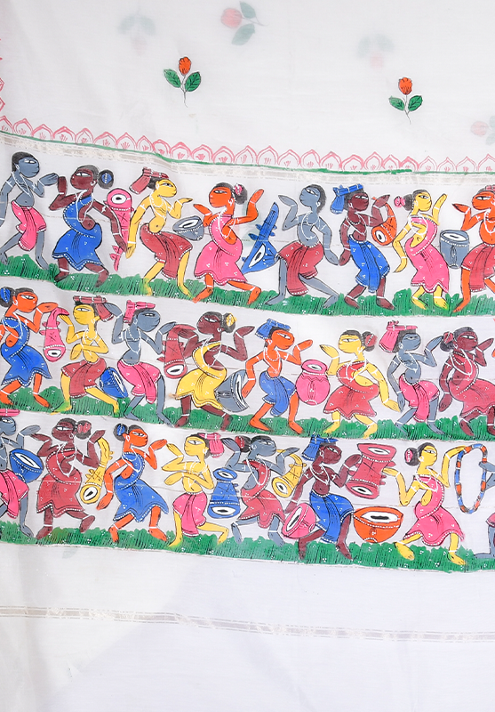 Graceful woman wearing Pattachitra hand-painted Chanderi saree