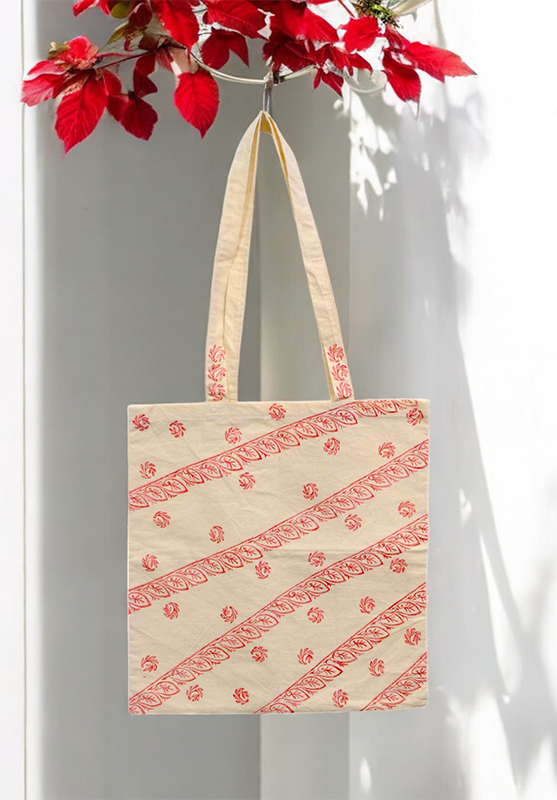 Modern tote bag featuring bold hand block art