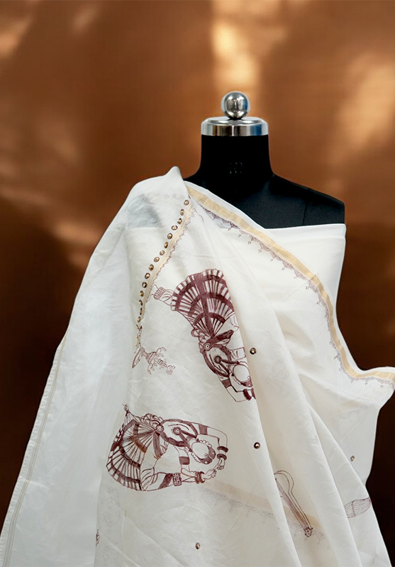 Authentic tribal Worli Art on fabric dupatta