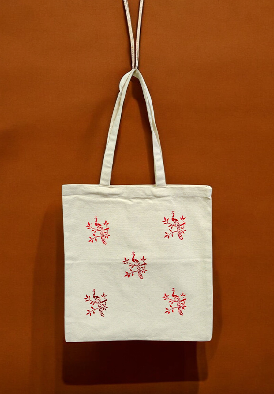 Traditional Sanjhi hand-painted tote bag with artistic detailing