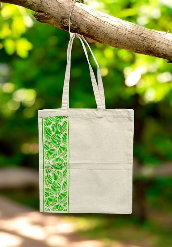 Artisan hand-painted tote bag with floral block