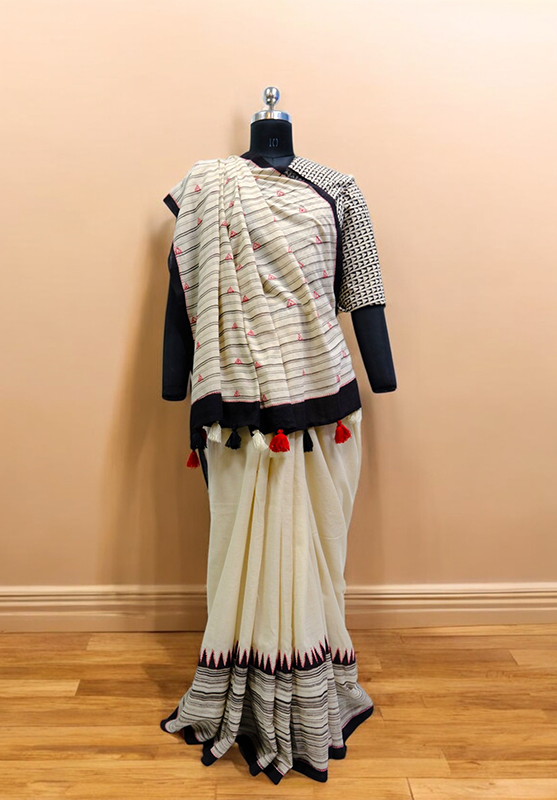 Hand Painted and Hand Embroidered Saree in Hand Spun Cotton