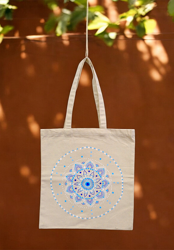 Handmade tote with mandala art