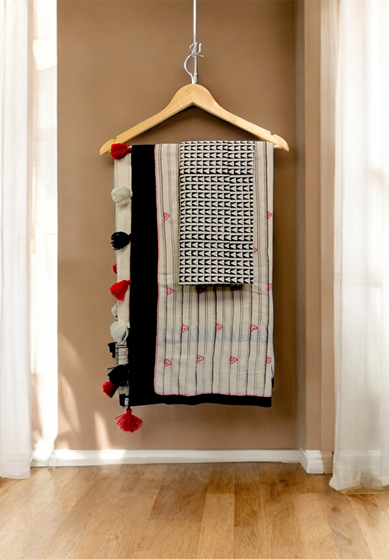 Hand Painted and Hand Embroidered Saree in Hand Spun Cotton