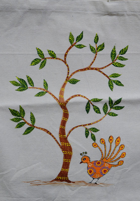 Hand Painting Bhil Art Tote Bag-Trees