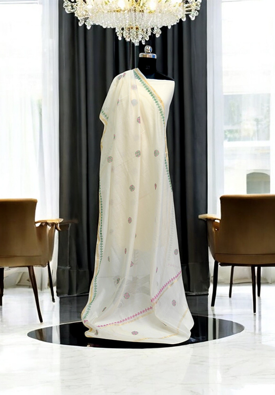 Close-up of Kasuti embroidery with green and pink thread on off-white dupatta