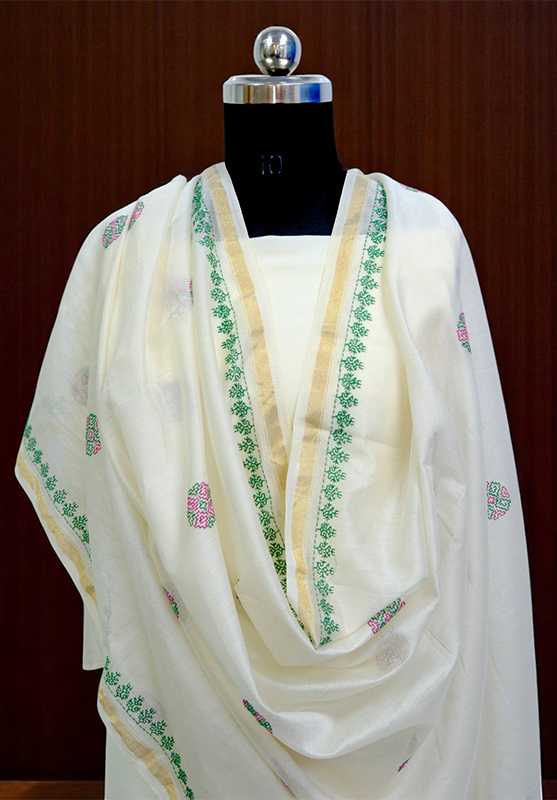 Front view of off-white hand embroidered Kasuti dupatta with gold border