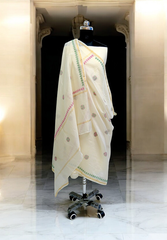 Hand embroidered Kasuti dupatta draped on mannequin in elegant styling