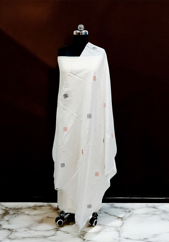 Front view of white hand embroidered Kasuti dupatta